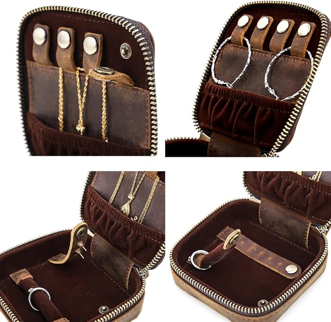 CONTACTS Crazy Horse Leather Travel Jewelry Case Small Jewelry Box Travel Organizer for Rings, Necklaces, Earrings Watches Storage Case, Brown