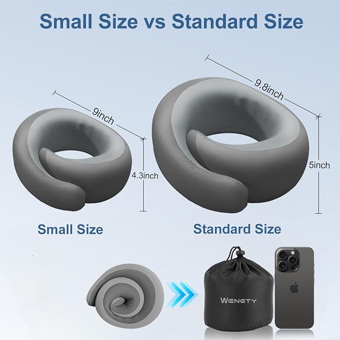 Neck Pillow for Traveling,Travel Neck Pillow for Airplanes,Cooling Fabric&100% Pure Memory Foam,Neck Pain Relief,Ergonomic Support for Long Flight (Gray, Compact Size-(Petite Fit)