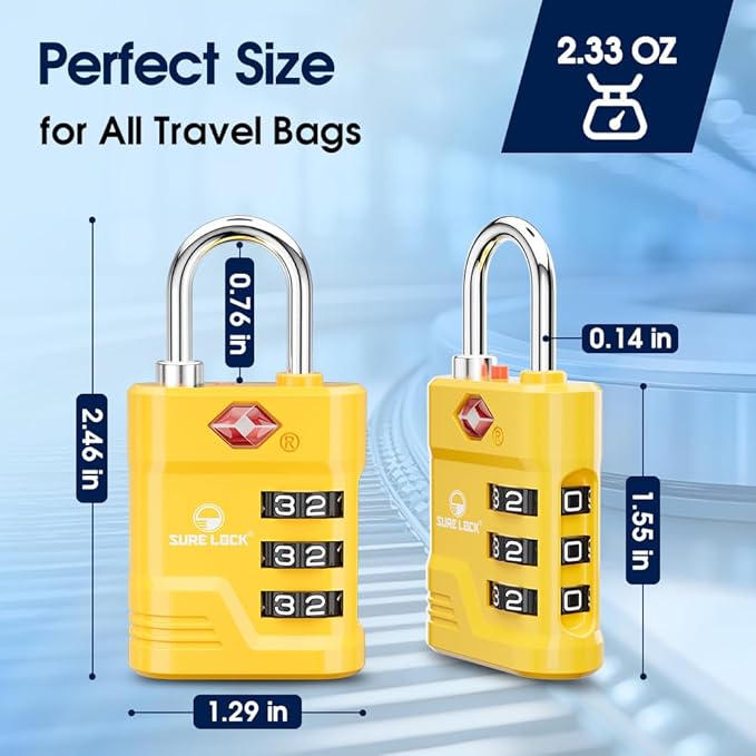 SURE LOCK TSA Locks for Luggage, TSA Approved Luggage Locks with Open Alert, 008 Key for High Security, Easy Read Dials, Zinc Alloy Body, Locker Lock for Suitcase, Gym, Travel(Yellow 4 pk)