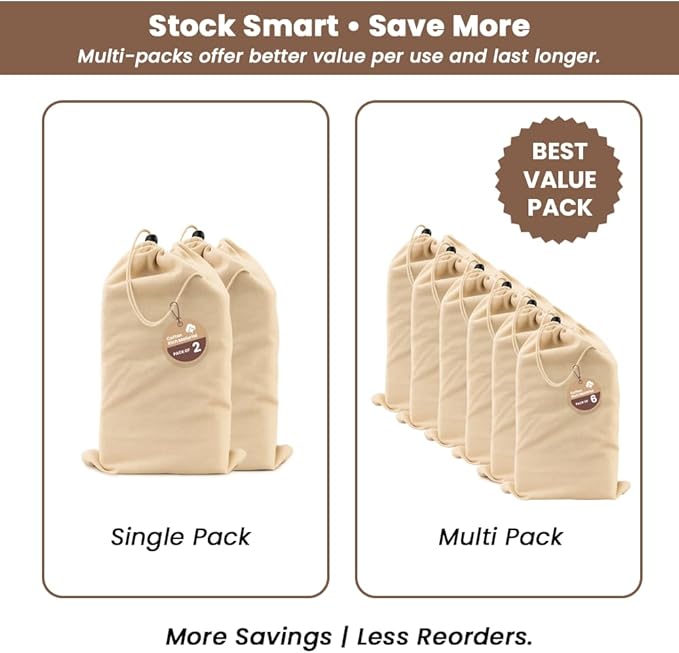 LFH Cotton Shoe Storage Bags with Drawstring, Dustproof Breathable Reusable Organizer, Perfect For Travel, Dorm, Hotel, College, Gym, Easy to Carry, Machine Washable 8"x17" (Pack of 4) - Natural