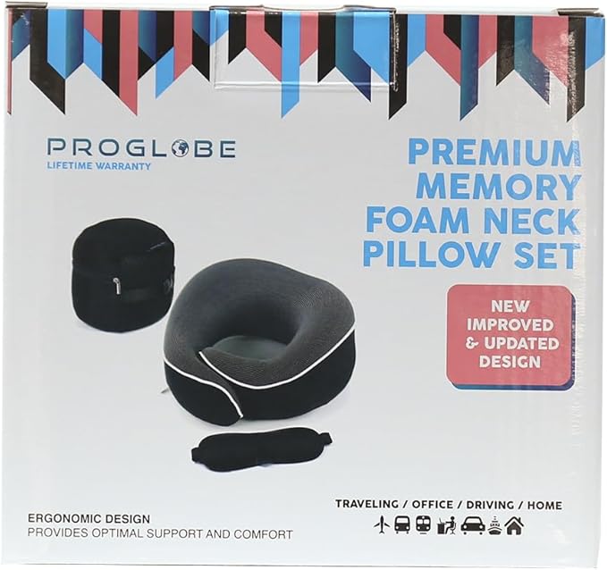 Proglobe Orthopedic Neck Pillow, Travel Neck Pillows for Airplanes, Memory Foam Kit, 360° Head Support, Airplane Pillow Set with 3D Contoured Eye Masks, Earplugs, and Luxury Mesh Bag (Black)