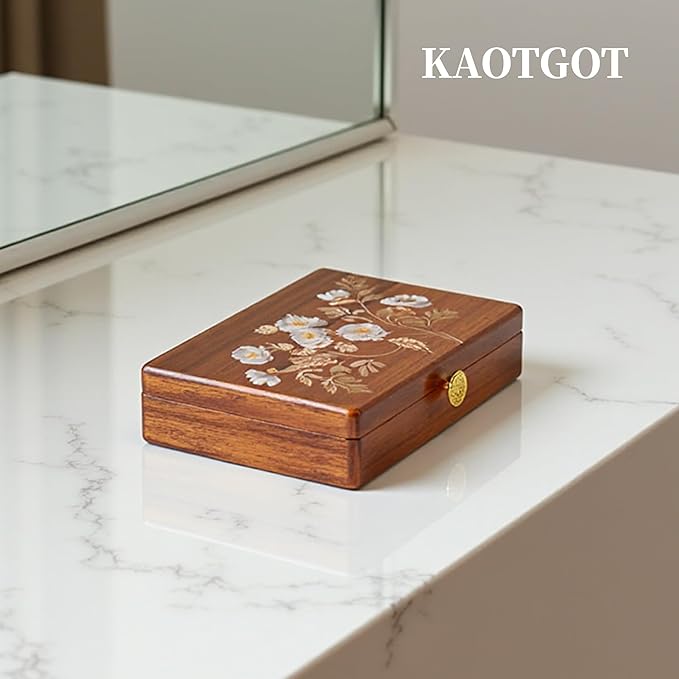 Travel Jewelry Case Small Wood Jewelry Organizer Jewelry Box for Women (Nut-Brown Print A)