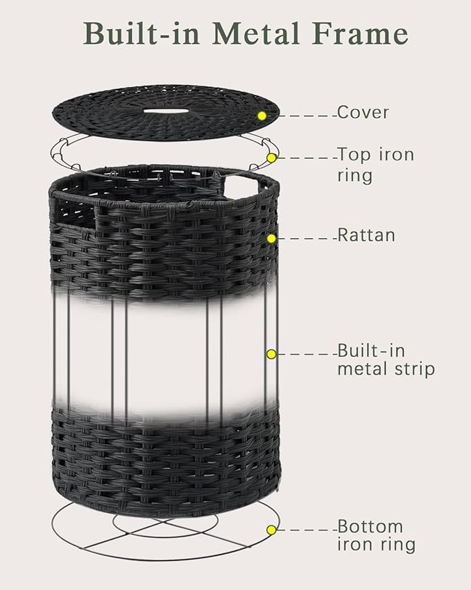 Laundry Basket with Lid Round Rattan Laundry Hamper with Lid and Handles 29.1 Gal (110 L) Handwoven Woven Basket with Removable Bags and 2 Mesh Bags for Bathroom Living Room Black