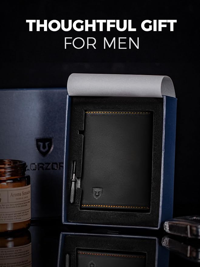 LORZOR Minimalist Wallet for Men with Credit Card Holder, Finest Full Grain Leather, Pop up Smart Wallet, Trifold Slim Wallet, RFID Blocking, Front Pocket, ID Window (Black/Yellow Black)