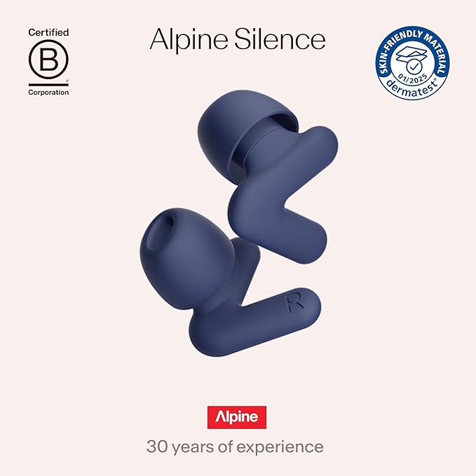 Alpine Silence Earplugs for Sleep, Focus & Travel - V-Shape Fit & Soft Oval Tips – 4 Sizes XS/S/M/L - Comfortable, Reusable Hearing Protection - up to 25dB – Midnight Blue