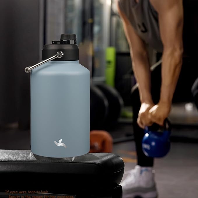 1 Gallon Jug with Handle,128 oz Insulated Water Bottle with Carrying Pouch, Double Wall Vacuum Stainless Steel Metal Bottle,Storm Blue