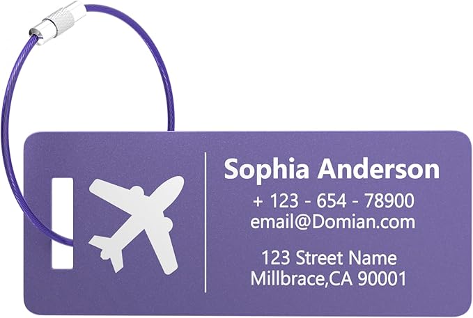 4 Personalized Metal Luggage Tags, Laser Engrave Name and Logo, Custom Aluminum Suitcase Tags with Steel Ring, for Travel, Backpack, Baggage (Purple)