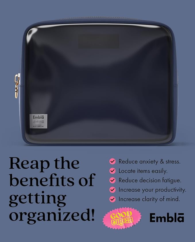 Embla London Makeup Bag Cosmetic Case, Clear Zipper Make Up Pouch and Toiletry Travel Tote, Cute Skincare Pouches for Women Girls, Preppy Purse Cosmetic Organizer, Large Makeup Bags, Sapphire