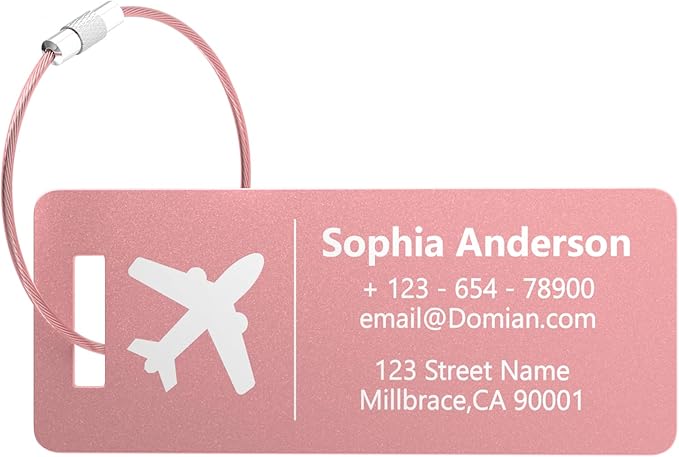 4 Personalized Metal Luggage Tags, Laser Engrave Name and Logo, Custom Aluminum Suitcase Tags with Steel Ring, for Travel, Backpack, Baggage (Pink)
