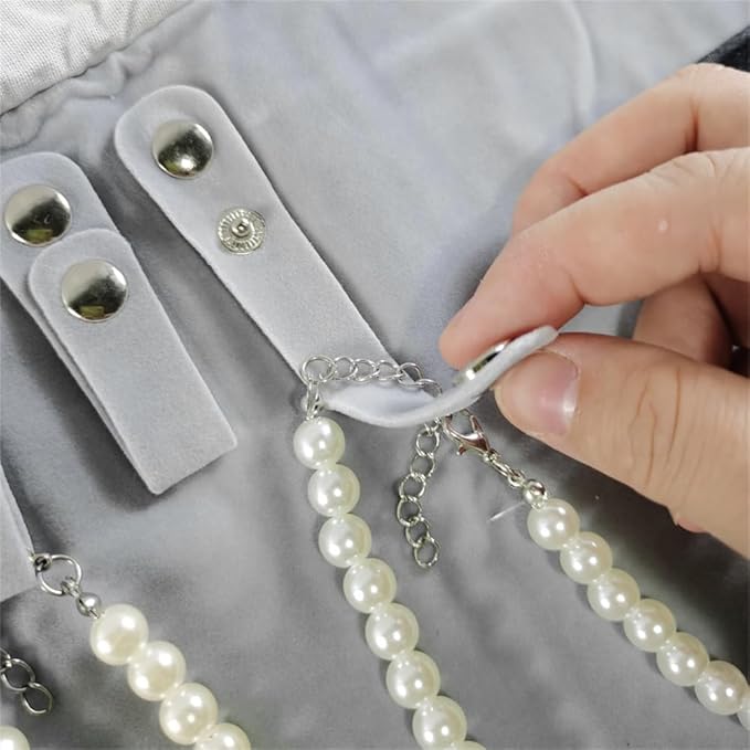 Velet Travel Jewelry Case Roll Bag Organizer for Necklace Bracelet Black Gray Velvet (Black Gray)