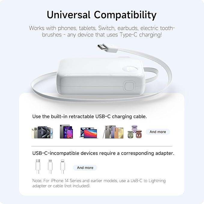 HOU 10000mAh Portable Power Bank with Retractable USB-C Cable, 35W Fast Charging, Dual Device Charging, Foldable Wall Plug, FCC/UL Certified 3 in 1 PD Charger for iPhone, Samsung, iPad, etc