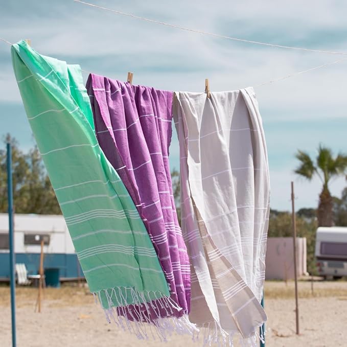 BAY LAUREL Turkish Beach Towel with Travel Bag 39 x 71 Quick Dry Sand Free Lightweight Large Oversized Towels Light (Powder with Yellow Bag)