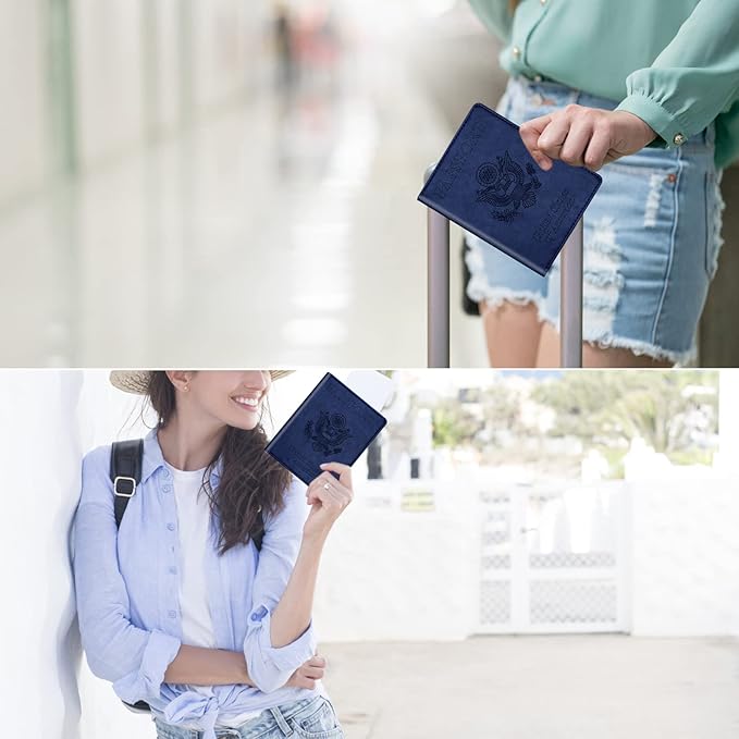 Real Leather Wallet RFID Family Passport Holder Waterproof Travel Black (Blue)