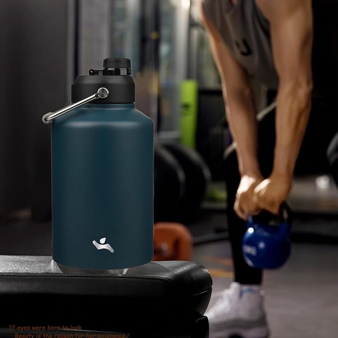 1 Gallon Jug with Handle,128 oz Insulated Water Bottle with Carrying Pouch, Double Wall Vacuum Stainless Steel Metal Bottle,Navy blue