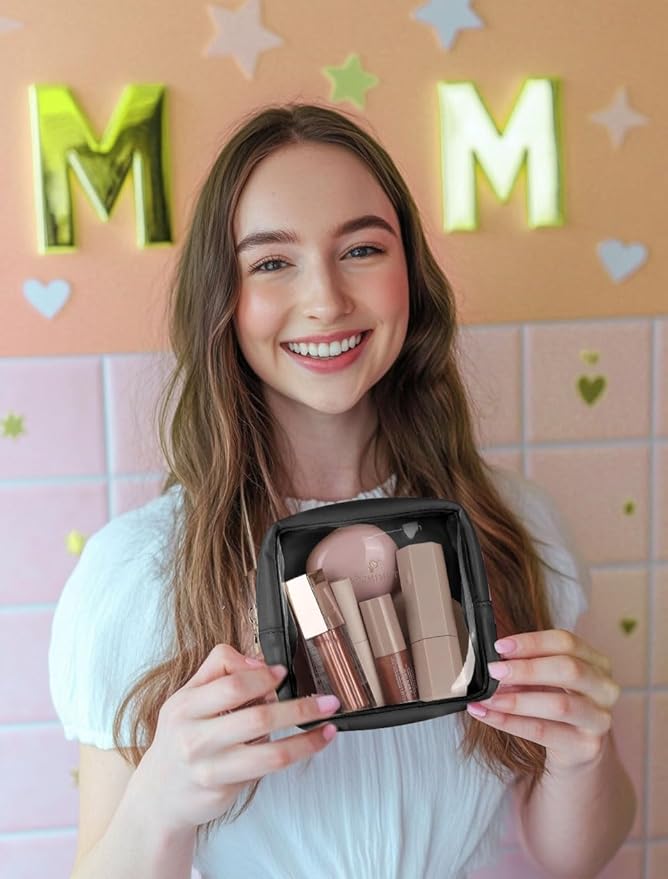 Pocmimut Mini Makeup Bag with Small Cosmetic Bag Travel Essentials Organizers,TSA Approved Toiletry Bag Makeup Pouch Clear Cosmetic Bags for Women Men,Black