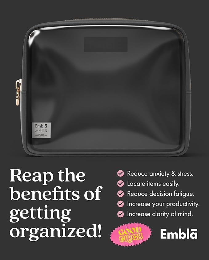 Embla Clear Cosmetic Bag Makeup Case, Clear Zipper Make Up Pouch and Toiletry Travel Tote, Cute Skincare Pouches for Women Girls, Preppy Purse Cosmetic Organizer, Large Makeup Bags, Black