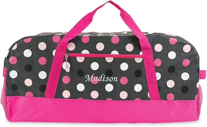 Lillian Vernon Personalized Duffel Bag for Kids, Roomy Pink Multi Dots Weekender With Front & Side Compartment, Customizable Girls Sports & Travel Bags With Custom Name, 13" x 15" x 30" W