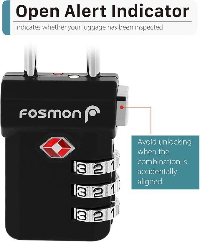 Fosmon TSA Approved Luggage Locks, Suitcase Travel Lock with Push Release Button for Extra Security, 3 Digit Combination Padlock for Gun Case Backpack Zipper Anti Theft Gym Locker - Black, 3 Pack