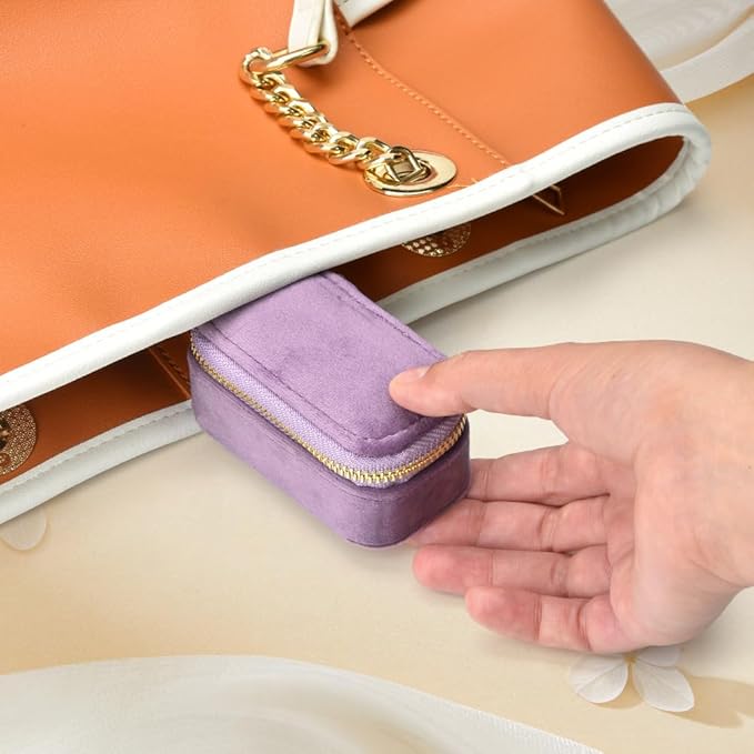 TAIMY Small Travel Jewelry Case, Mini Tiny Plush Velvet Jewelry Box for Women and Girls, Pocket Size Jewelry holder organizer for Rings Earrings and Small Items(Lavender)