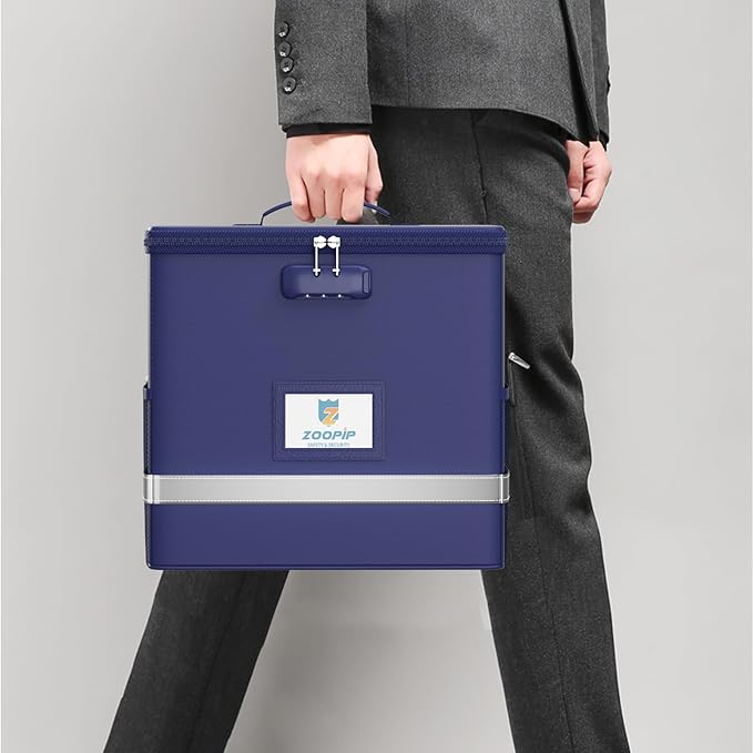 Fireproof File Box with Lock, Document Box Storage Organizer, Suitable for Hanging File Folders in Letter Size, Collapsible File Box, Reflective Strip for Fast Find (12.2"*6"*10.2, Blue)