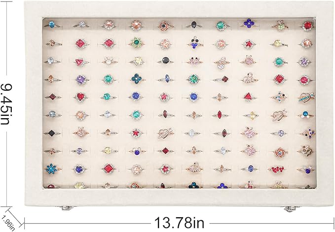 Stratalife Jewelry Organizer Ring Storage Display Tray with Clear Glass Lid Velvet Jewelry Showcase Ring Box for Multiple Rings Drawer Display 100 Slot (Beige)