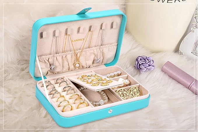 LANDICI Small Jewelry Box for Women Girls, PU Leather Travel Jewelry Organizer Case, Portable Jewellery Storage Holder Display for Ring Earrings Necklace Bracelet Bangle Watch Men Kids Gift, Lake Blue