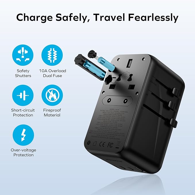 MOMAX Universal Travel Adapter, 140W GaN International Power Adapter, 2 USB-C 2 USB-A, Worldwide Travel Plug Adapter, International Power Adapter for Most Europe, USA, Japan, Australia (Type C/A/G/I)