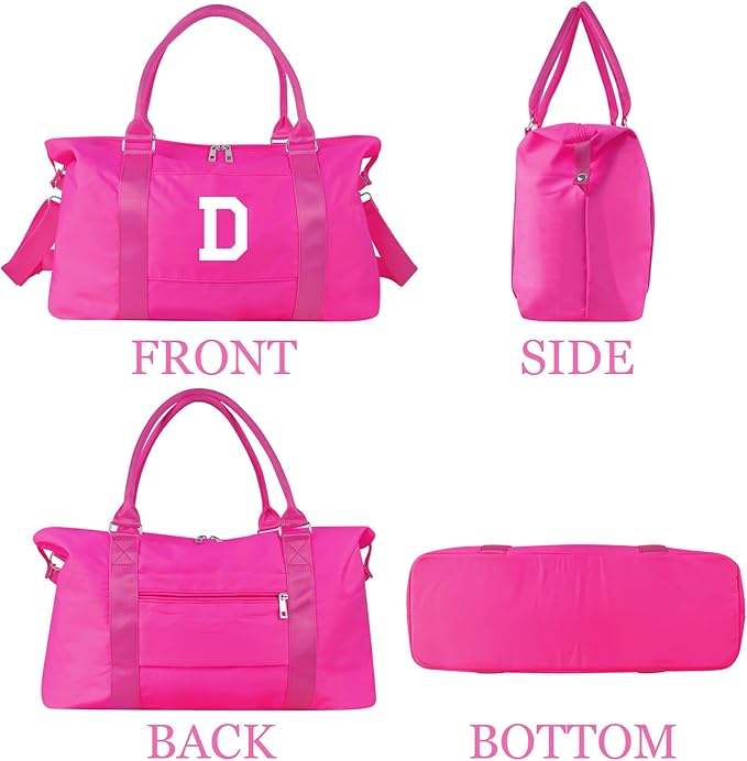 Overnight Bag for Kids Teen Girls Weekender Dance Bag Birthday Graduation Gifts,Initial Travel Duffel Bag Sports Gym Bag Personalized Weekender Bag Carry On Bags Preppy Gifts for Women(Hot Pink, D)