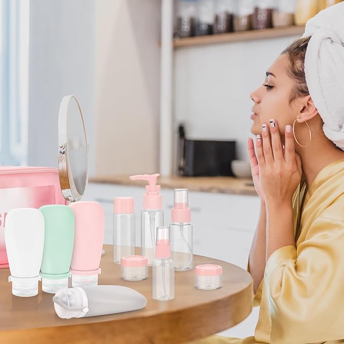 18 Pcs Travel Bottles for Toiletries Gym TSA Approved, Leak Proof with Bandage Silicone Squeezable 3oz for Toner Shampoo Conditioner Lotion Body Wash with Toothbrush Cover Tag and Wash Bag