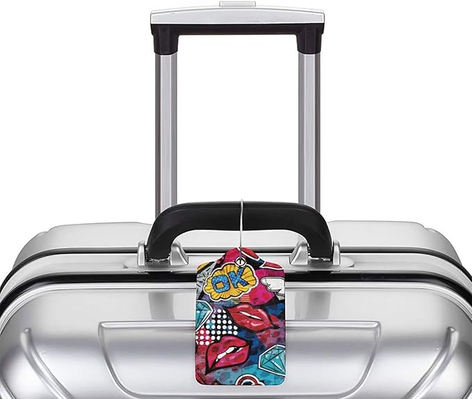 2 Pack Funny Luggage Tags with Red Lips Pattern for Suitcases, Colorful PU Leather Luggage Tag Accessories Privacy Cover ID Label with Stainless Steel Loop for Travel Bag for Women Girls Teens