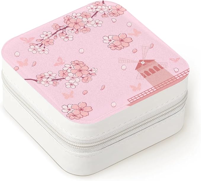 Cherry Blossom Leather Jewelry Boxes, Pink Mini Travel Jewelry Case Organizer, Elegant Jewelry Organizers and Storage with Mirror, Christmas and Birthday Present for Women's and Girls