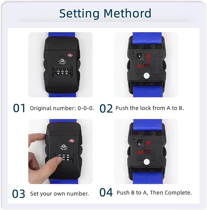 Travel Luggage Strap Adjustable Suitcase Packing Belt with TSA Combination Lock(Blue 2 Pack)