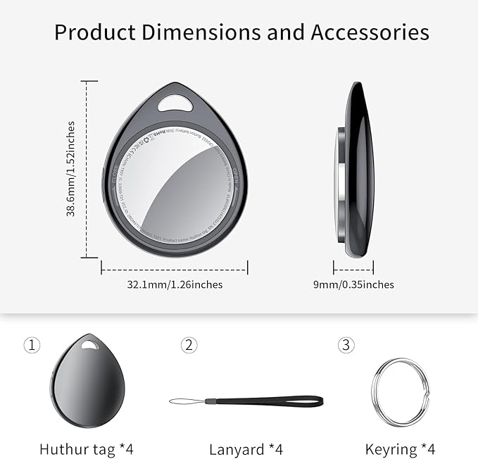 Air Tracker Tags-4 Pack, 5.3 Bluetooth Tracker Work with Apple Find My (iOS Only), 100dB Sound, Smart Tag with Keychain/Lanyard, Item Finder for Luggage/Key/Suitcase, Replaceable Battery, Black.