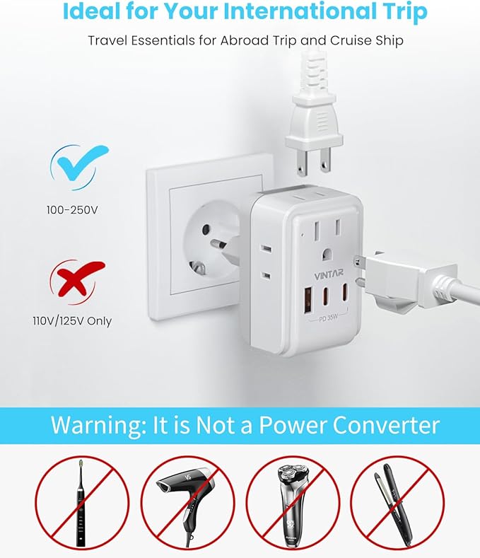 Universal Travel Adapter Kit, VINTAR PD 35W International Power Adapter with 3 USB Ports (2 USB C) and 4 AC Outlets, Type A,C,G,D,I,M Detachable Attachments, Adapter for US/EU/UK/India/AUS/Africa
