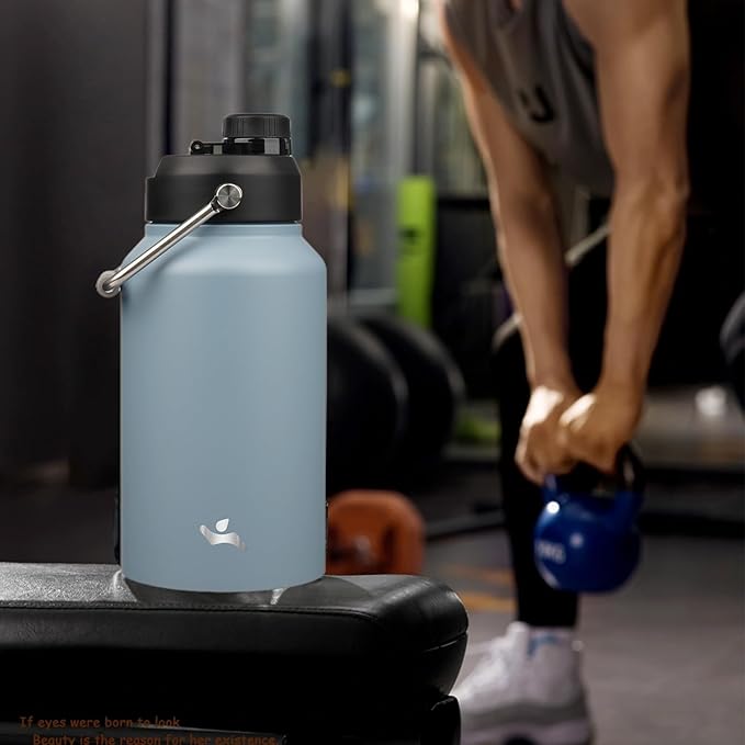 Jug with Handle,87 oz Insulated Water Bottle with Carrying Pouch, Double Wall Vacuum Stainless Steel Metal Bottle,Storm Blue