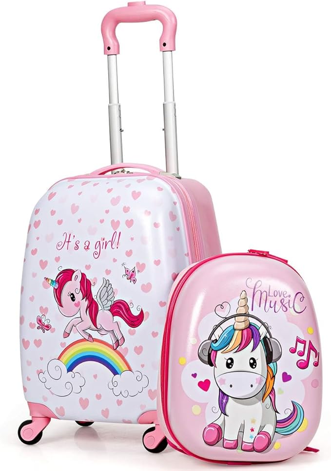 KOTEK Kids Carry On Luggage Set, 16" Hardside Rolling Suitcase with Spinner Wheels, Travel Rolling Luggage for Boys Girls (Colorful Horse)