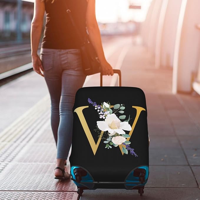 Flower Letter W Black Luggage Cover Elastic Washable Stretch Suitcase Protector Anti-Scratch Travel Suitcase Cover for Kid and Adult XL (29-32 inch suitcase)