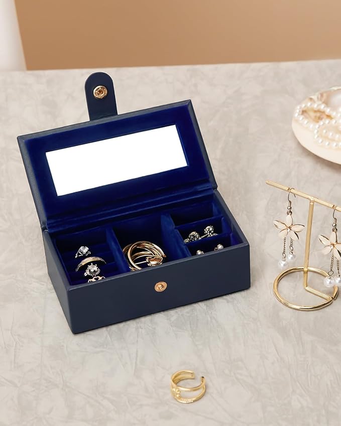 Homde 2 IN 1 Jewelry Box for Women Girls with Small Travel Case Mirror Necklace Ring Earrings Organizer - Christmas Gifts (Dark Blue + Gold)