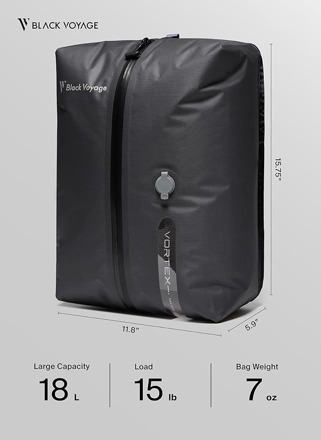 Black Voyage Reusable Vacuum Compression Travel Bag for Carry-On Suitcase and Backpack, Recycled IP67 Waterproof Space Saver Vacpack (2-Pack, 18L - No Pump)