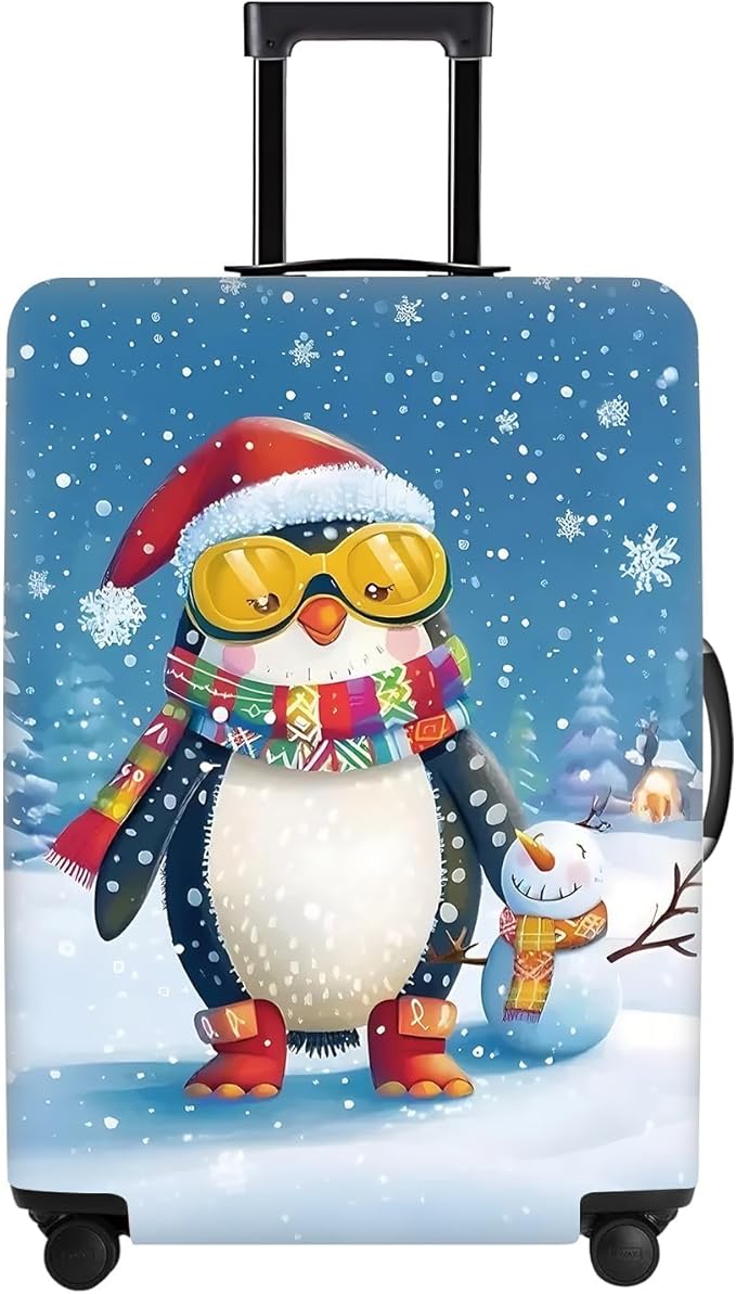 Christmas Penguin Luggage Cover – Cute Winter Penguin Suitcase Protector, Holiday Travel Luggage Sleeve, Stretchable & Waterproof, M