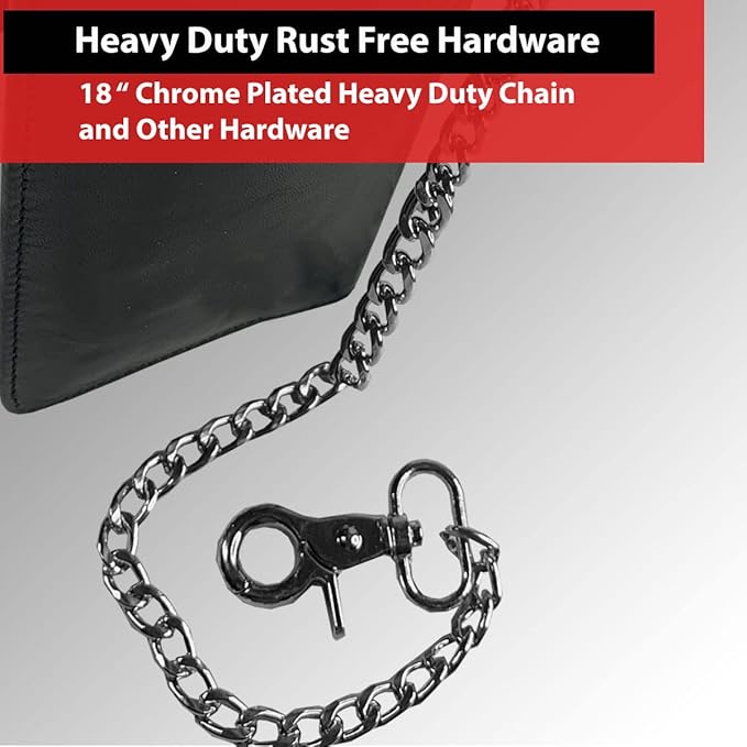 CLASSIC Motorcycle Chain Wallet for Men – Premium Cowhide Leather, RFID Bi-Fold Biker Wallet with Heavy Duty Chain for Bikers Truckers & Hunters, Credit Card Money Organizer Long Wallet Aniline Black