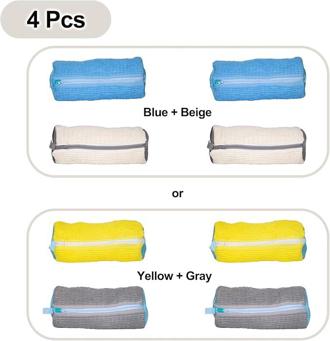 4 Pcs Shoe Washing Machine Bag, Laundry Shoe Bags for Washer and Dryer with Chenille Liner, Large Reusable Mesh Bag for Sneakers, Gym, Tennis, Sports, Delicate, 2 Color Mix(Yellow+Gray)
