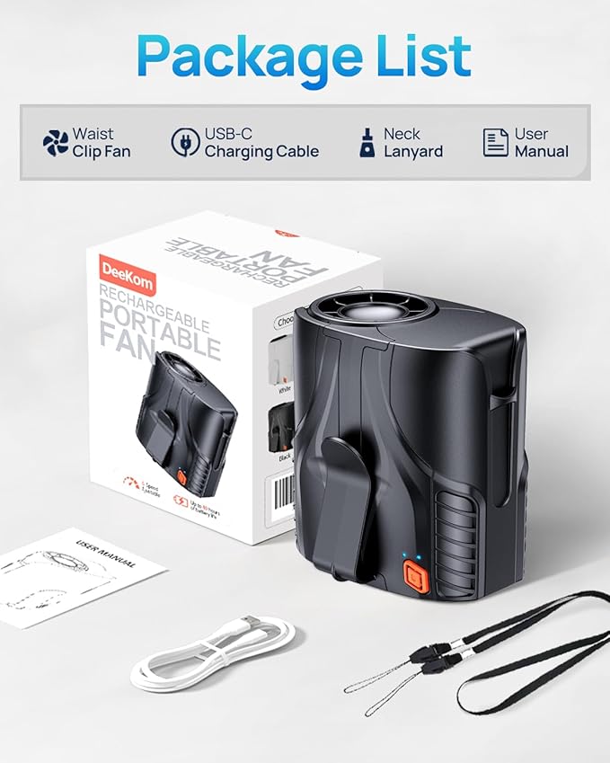 2025 Portable Personal Waist Fan& Neck Fan, 14000RPM Brushless Motor, 40H Runtime Rechargeable, 6-Speed Quiet Operation, Clip-On Personal Body Cooling for Camping/Worksites/Outdoor