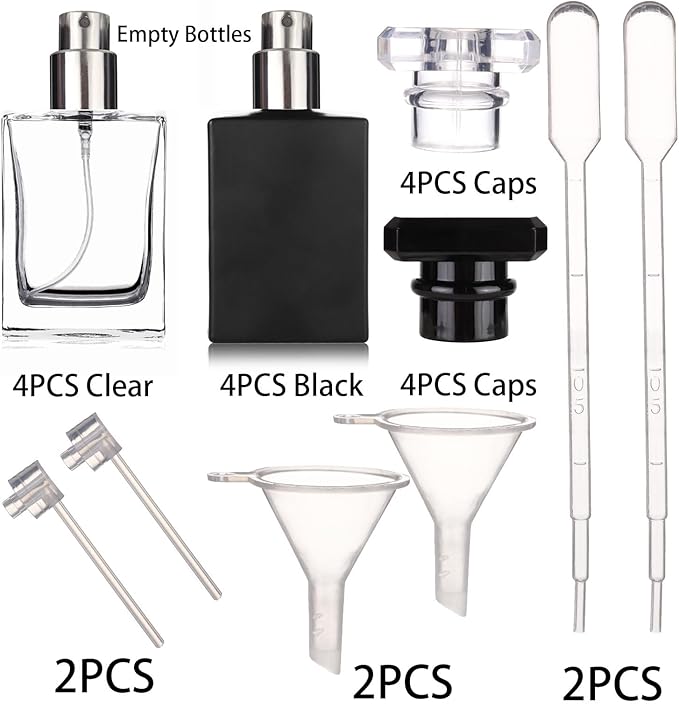 Liquid Perfume Bottles Empty Glass 30ml Portable Square Atomizer Bottle Transparent Refillable for Eau De Toilette - 8 Pack (Clear and Black)