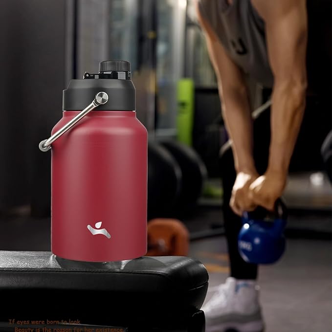 Half Gallon Jug with Handle,64 oz Insulated Water Bottle with Carrying Pouch,Double Wall Vacuum Stainless Steel Metal Bottle,Dark red