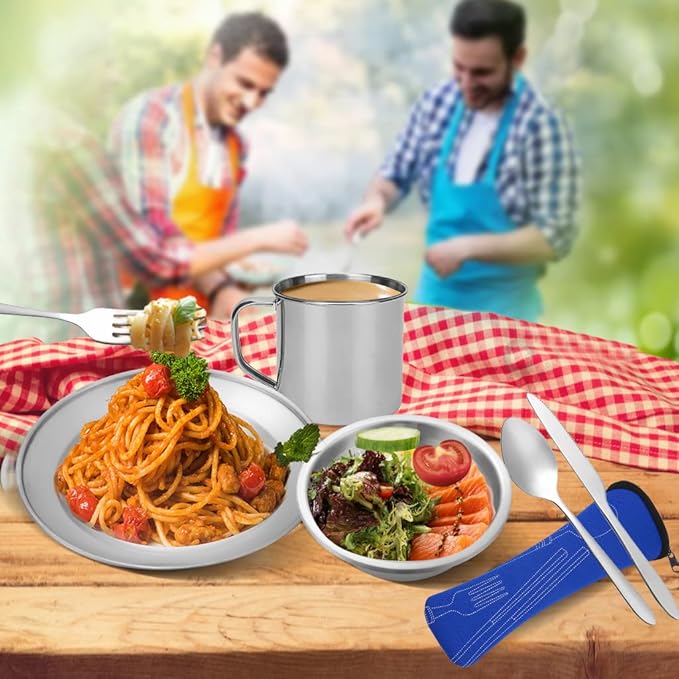 Stainless Steel Camping Cutlery Set - 8 Piece, Includes Spoons, Mugs, Bowls, Plates, Rags & Organizer Straps - Easy to Carry for Backpacking, Camping, Hiking and Picnics