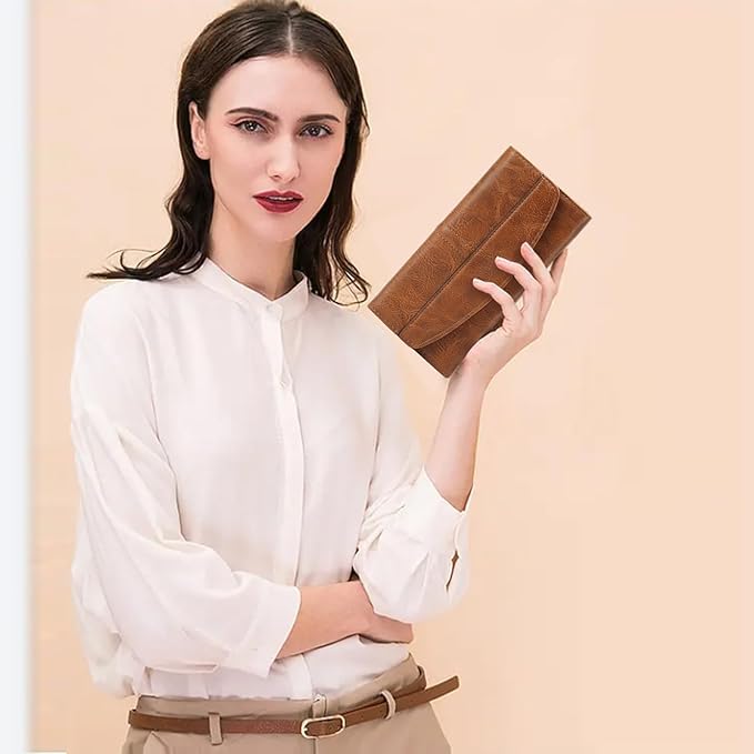 RFID Blocking Genuine Leather Wallet for Men and Women Large Capacity Phone and Credit Card Holder Organizer Purse (Light Brown)