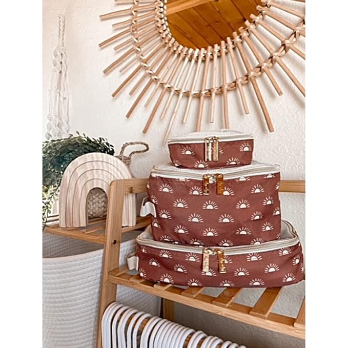 Itzy Ritzy Packing Cubes for Travel – Set of 3 Packing Cubes or Travel Organizers; Each Cube Features a Mesh Top, Double Zippers and a Fabric Handle (Terracotta Sunrise)