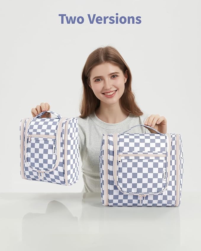 Narwey Checked Hanging Travel Toiletry Bag for Women, Travel Bag for Toiletries, Makeup Bag Organizer Cosmetic Bags Make Up Bags for Women (Grayish Blue Checkerboard)