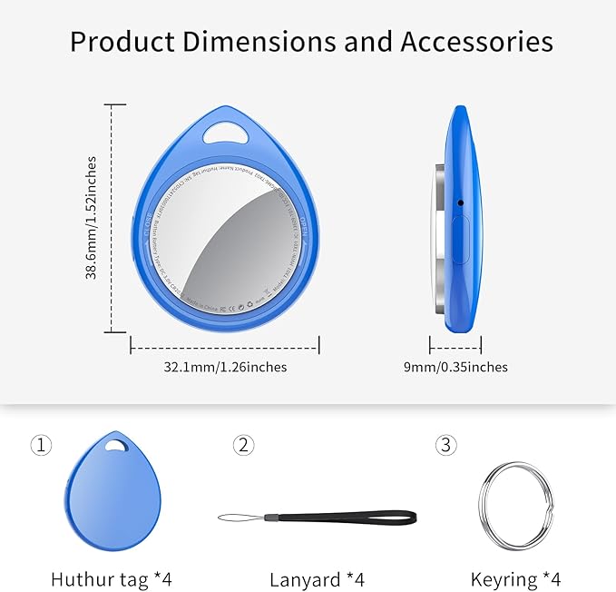 Air Tracker Tags 4 Pack Blue, 5.3 Bluetooth Tracker Work with Apple Find My (iOS Only), 100dB Sound, Smart Tag with Keychain/Lanyard, Item Finder for Luggage/Key/Suitcase, Replaceable Battery